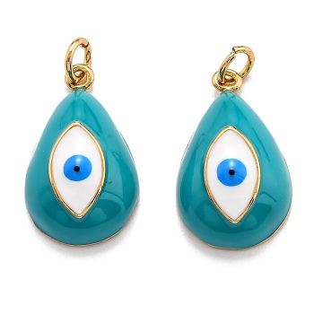 Brass Enamel Pendants, Real 18K Gold Plated, Long-Lasting Plated, Teardrop with Evil Eye, Dark Turquoise, 21x13x7mm, Hole: 3.6mm