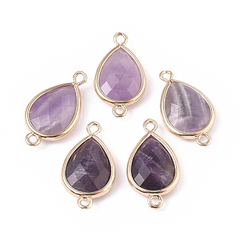 Natural Amethyst Links connectors, with Golden Tone Brass Findings, Teardrop, 22x12x5mm, Hole: 1.6mm