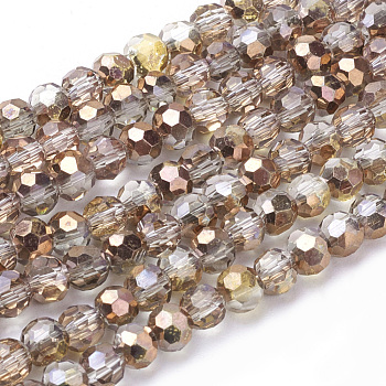 Faceted(32 Facets) Round Half Plated Electroplate Glass Beads Strands, Copper Plated, 4mm, Hole: 1mm, about 88~90pcs/strand, 28~30cm