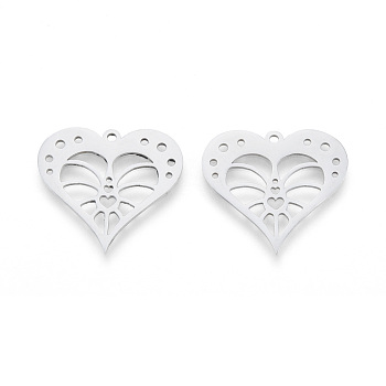 201 Stainless Steel Pendants, Laser Cut Pendants, Hollow Heart, Stainless Steel Color, 23.5x26x1mm, Hole: 1.5mm