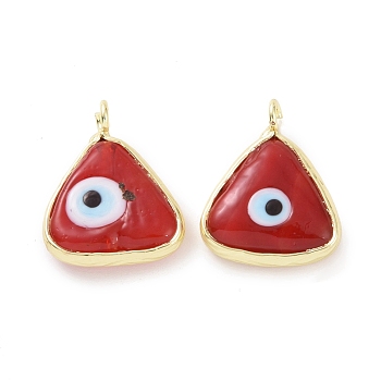 Handmade Evil Eye Lampwork Charms, with Real 18K Gold Plated Tone Brass Findings, Triangle Charm, FireBrick, 12x13x4mm, Hole: 2mm