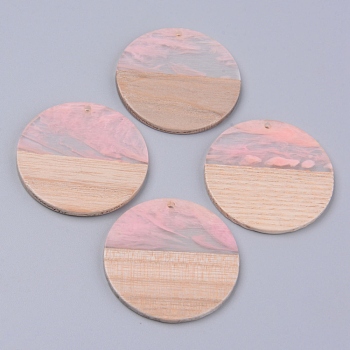 Resin & Wood Pendants, Two Tone, Flat Round, Pink, 38x2~3mm, Hole: 2mm