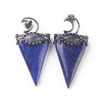 Natural Lapis Lazuli Big Pendants, with Brass Findings, Triangle, Antique Silver, 53~58x28~29x16~18mm, Hole: 5x7mm