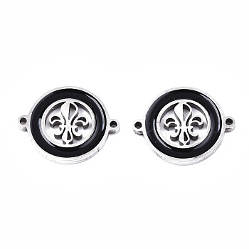 304 Stainless Steel Enamel Links Connectors, Laser Cut, Flat Round with Fleur De Lis, Black, Stainless Steel Color, 14.5x18.5x2mm, Hole: 1.2mm