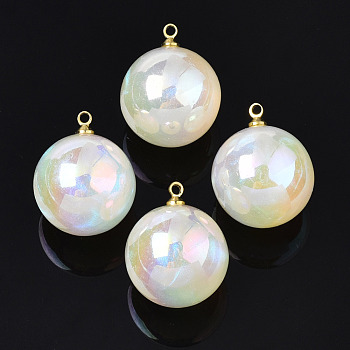 ABS Plastic Imitation Pearl Pendants, with Golden Brass Findings, AB Color Plated, Round, Light Yellow, 19.9x16mm, Hole: 1.5mm