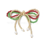 Christmas Glass Seed Beaded Bowknot Pendants, with Brass Beads and 304 Stainless Steel Jump Ring, Colorful, 42x49x4mm(PALLOY-MZ01059)