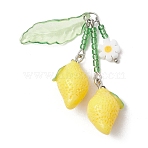 Handmade Lampwork & Glass Seed Bead & Resin Big Pendants, Fruit with Flower Charms, Stainless Steel Color, Lemon, 50mm, Hole: 3.5mm(PALLOY-MZ01306-01)