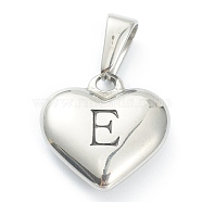 304 Stainless Steel Pendants, Heart with Black Letter, Stainless Steel Color, Letter.E, 16x16x4.5mm, Hole: 7x3mm(STAS-P278-01E-P)