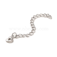 Rack Plating Brass Curb Chain Extender, End Chains with Hollow Heart Drop, Real Platinum Plated, 62mm(KK-Q807-10P)