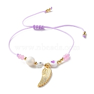 Heart and Evil Eye Acrylic Braided Bead Bracelet for Teen Girl Women, Wing Alloy Charm Bracelet with Natural Malaysia Jade(Dyed) Beads, Golden, Flamingo, Inner Diameter: 5/8~3-3/8 inch(1.6~8.6cm)(BJEW-JB06997-03)
