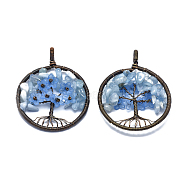 Natural Aquamarine Pendants, with Acrylic and Brass Findings, Flat Round with Tree of Life, 59x47~47.5x9.5~10mm, Hole: 4mm(G-E529-A01)