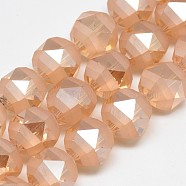 Electroplate Glass Beads Strands, Rainbow Plated, Frosted, Faceted, Round, Light Salmon, 13~14x13mm, Hole: 1.5mm, about 50pcs/strand, 25.98 inch(EGLA-Q085-14mm-05)