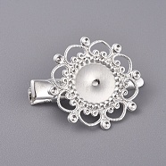 Hair Accessories Iron Alligator Hair Clip Findings, with Brass Filigree Flower Cabochon Bezel Settings, Silver Color Plated, Tray: 12mm, 34.5mm, Flower: 28mm(IFIN-L035-01S)