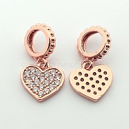Brass Micro Pave Cubic Zirconia Large Hole European Dangle Heart Charms, Cadmium Free & Nickel Free & Lead Free, Real Rose Gold Plated, 17mm, Hole: 4mm, Heart: 10x9x1.5mm(X-ZIRC-N009-01RG)
