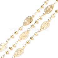 Brass Leaf Link Chains, with Round Beaded, Soldered, with Spools, Cadmium Free & Lead Free, Real 18K Gold Plated, 16x8x0.2mm, 3mm(CHC-P009-06G)
