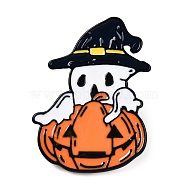 Alloy Enamel Brooches, Enamel Pin, for Halloween, with Rubber Clutches, Ghost with Pumpkin, Colorful, Electrophoresis Black, 30.5x22x10.5mm, Pin: 1.2mm.(JEWB-G009-05B)