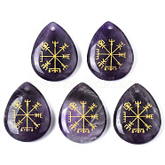 Natural Amethyst Pendants, Teardrop with Nordic Pagan Pattern, 32~33.5x25~26x6.5~7.5mm, Hole: 2mm, 6pcs/bag(G-T122-72E)