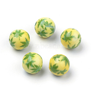 Opaque Printed Acrylic Beads, Round with Pot Leaf/Hemp Leaf Pattern, Yellow Green, 10x9.5mm, Hole: 2mm(MACR-S271-10mm-08)