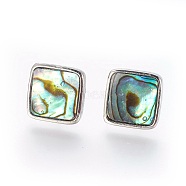 Brass Stud Earrings, with Shell and Ear Nuts, Square, Platinum, 12x12x2.5mm, Pin: 1.1mm(EJEW-E252-06C)
