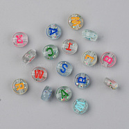 Transparent Acrylic Beads, Horizontal Hole, with Glitter Powder & Enamel, Flat Round with Letter, Mixed Color, 7x3.5mm, Hole: 1.5mm, 3150pcs/500g(TACR-T008-02)