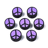 Handmade Polymer Clay Beads, Flat Round with Peace Sign, Blue Violet, 9~10x4.5mm, Hole: 1.6mm(CLAY-N007-006-01)
