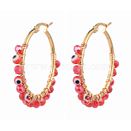 Beaded Big Hoop Earrings, with Evil Eye Lampwork Beads, Glass Beads and Golden Plated 304 Stainless Steel Hoop Earrings, Red, 40~41x4mm, Pin: 0.5x1mm(EJEW-JE04172-02)