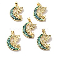 Rack Plating Brass Micro Pave Cubic Zirconia with Synthetic Opal Pendants, with Jump Ring, Lead Free & Cadmium Free, Long-Lasting Plated, Moon with Butterfly, Real 18K Gold Plated, 27x19x3.8mm, Hole: 5x3.5mm(KK-D088-19G)