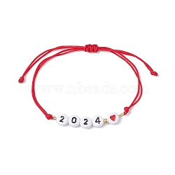 Heart with Word 2024 Acrylic Braided Bead Bracelet, Nylon Adjustable Bracelet, Red, Inner Diameter: 2-1/8~3-1/2 inch(5.4~8.85cm)(BJEW-JB09780-01)