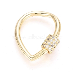 Brass Micro Pave Clear Cubic Zirconia Screw Carabiner Lock Charms, for Necklaces Making, Teardrop, Golden, 25x20.5x5.5mm(ZIRC-L085-02G)