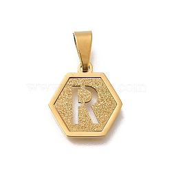 304 Stainless Steel Charms, Real 18K Gold Plated, Hexagon with Letter Charm, Letter R, 15x14x1.5mm, Hole: 3x5.5mm(STAS-H227-01G-R)