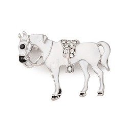 Zinc Alloy Crystal Rhinestone Brooch, Horse White Enamel Pins, Platinum, 31x38.5mm(JEWB-U010-04P-03)