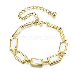 Electroplated Alloy Link Bracelets, with Natural Freshwater Shell, Cadmium Free & Lead Free, Rectangle, Seashell Color, Golden, 11 inch(28cm)(BJEW-T012-004-RS)
