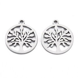 304 Stainless Steel Pendants, Laser Cut, Ring with Tree, Stainless Steel Color, 18x15.5x1mm, Hole: 1.6mm(STAS-N095-047)