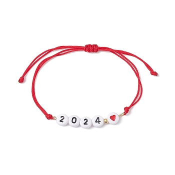 Heart with Word 2024 Acrylic Braided Bead Bracelet, Nylon Adjustable Bracelet, Red, Inner Diameter: 2-1/8~3-1/2 inch(5.4~8.85cm)