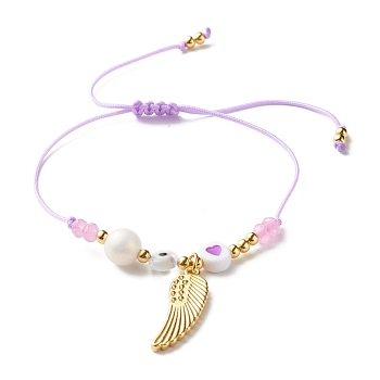 Heart and Evil Eye Acrylic Braided Bead Bracelet for Teen Girl Women, Wing Alloy Charm Bracelet with Natural Malaysia Jade(Dyed) Beads, Golden, Flamingo, Inner Diameter: 5/8~3-3/8 inch(1.6~8.6cm)