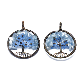 Natural Aquamarine Pendants, with Acrylic and Brass Findings, Flat Round with Tree of Life, 59x47~47.5x9.5~10mm, Hole: 4mm