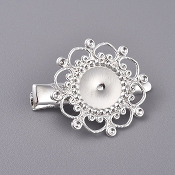 Hair Accessories Iron Alligator Hair Clip Findings, with Brass Filigree Flower Cabochon Bezel Settings, Silver Color Plated, Tray: 12mm, 34.5mm, Flower: 28mm