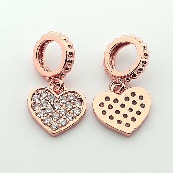 Brass Micro Pave Cubic Zirconia Large Hole European Dangle Heart Charms, Cadmium Free & Nickel Free & Lead Free, Real Rose Gold Plated, 17mm, Hole: 4mm, Heart: 10x9x1.5mm