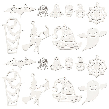 20Pcs 10 Styles 201 & 304 Stainless Steel Pendants, Ghost & Skull & Spider, Stainless Steel Color, 15~45x10~39x1~2mm, Hole: 1.2~2mm, 2pcs/style