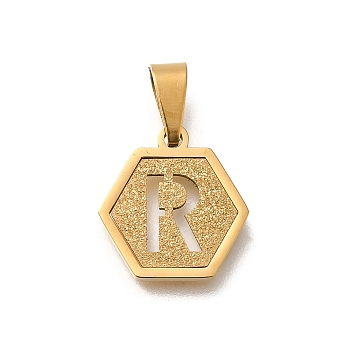 304 Stainless Steel Charms, Real 18K Gold Plated, Hexagon with Letter Charm, Letter R, 15x14x1.5mm, Hole: 3x5.5mm