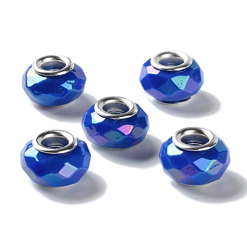 Opaque Brass Cores Acrylic European Beads, Rondelle, Large Hole Bead, Faceted, Silver, Blue, 15x9mm, Hole: 5mm