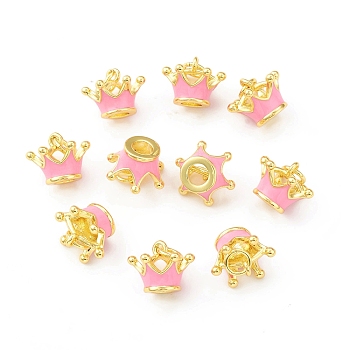 Eco-Friendly Brass Enamel Pendants, with Jump Ring, Lead Free & Cadmium Free, Real 18K Gold Plated, Crown Charm, Pink, 9x12x12mm, Hole: 3.5mm