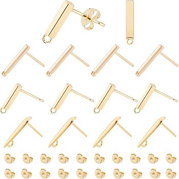 Brass Stud Earring Findings, with Ear Nut, Mixed Shapes, Real 18K Gold Plated, 15x3.5x3mm, Hole: 1.4mm, Pin: 0.7mm