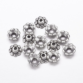 Tibetan Style Alloy Bead Caps, Lead Free and Cadmium Free, Flower, Antique Silver, 8x3mm, Hole: 2mm