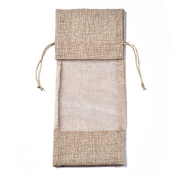 Rectangle Cotton Drawstring Winebottle Bags, with Transparent Gauze Window, Tan, 31~32x14~15x0.3cm