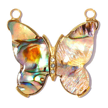304 Stainless Steel & Abalone Shell Paua Shell Pendants, Butterfly Charm, with Rhinestone, Ion Plating(IP), Colorful, Real 18K Gold Plated, 25x24mm, Hole: 2.4mm