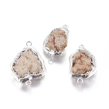 Natural Geode Druzy Quartz Links connectors, with Brass Findings, Nuggets, Silver Color Plated, 40~48x21.5~31.5x10~11mm, Hole: 2.6mm