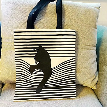 Cute Cat Cloth Shoulder Bags, Reusable Shopping Bags with Handles, Rectangle, Black, 39x34x0.6cm