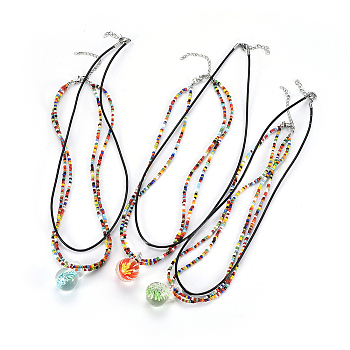 Lampwork Pendants Necklaces and Cowhide Leather Cord Necklaces Set, with Glass Seed Beads, Brass Jump Rings, Zinc Alloy Findings and Nylon Wire, Mixed Color, 16.1 inch(40.9cm) and 18.11 inch(46cm), 2pcs/set