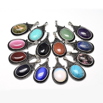 Oval Antique Silver Zinc Alloy Natural & Synthetic Mixed Stone Big Pendants, Nickel Free & Lead Free, 53.5x30x10mm, Hole: 4.5x8.5mm